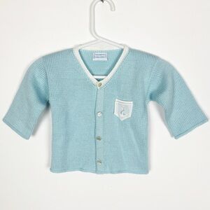 Vintage Hand Loomed Cardigan Sweater Blue Baby Boy Anchor Pocket